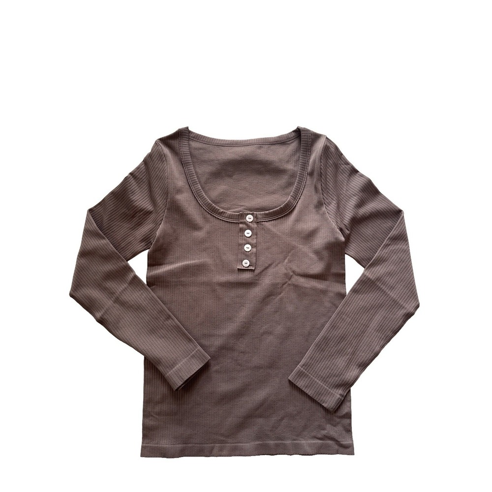 OQQ Henley  Seamless Mocha Taupe Ribbed Button Long Sleeve Soft Sculpt Contour S